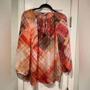 NWOT Serengeti Size L Colorful Sheer Mixed Plaid Long Sleeve Flowy Peasant Top